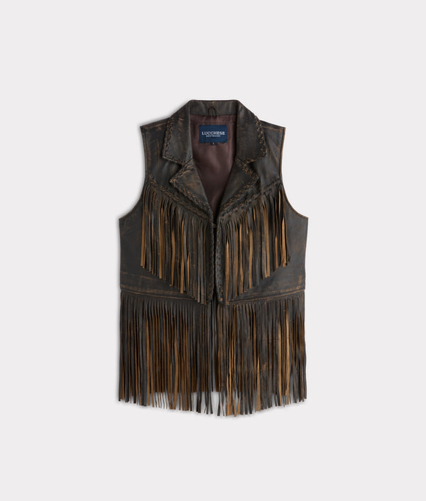 Estelle Distressed Fringe Leather Vest - Lucchese