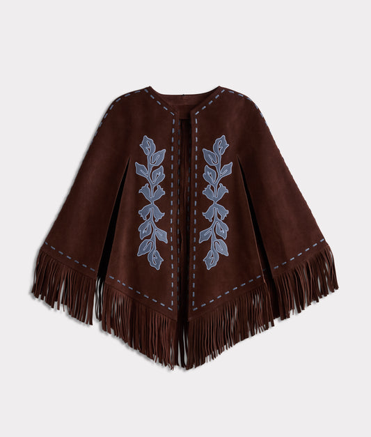 Julianne Suede Cape With Floral Embroidery :: Brown/Blue
