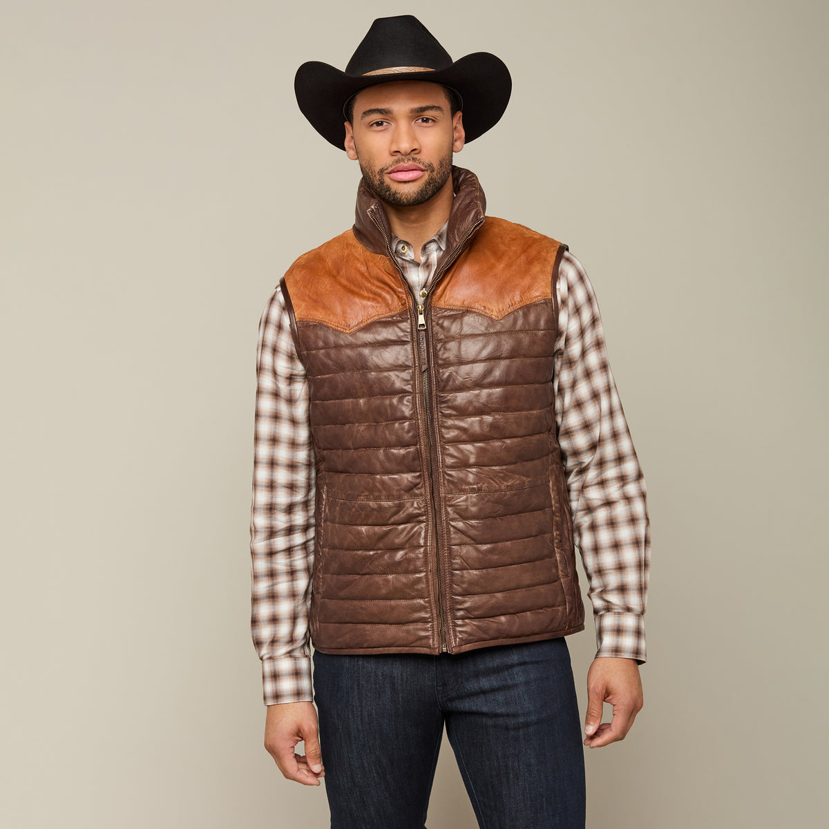 
    Western Yoke Leather Vest :: Cognac