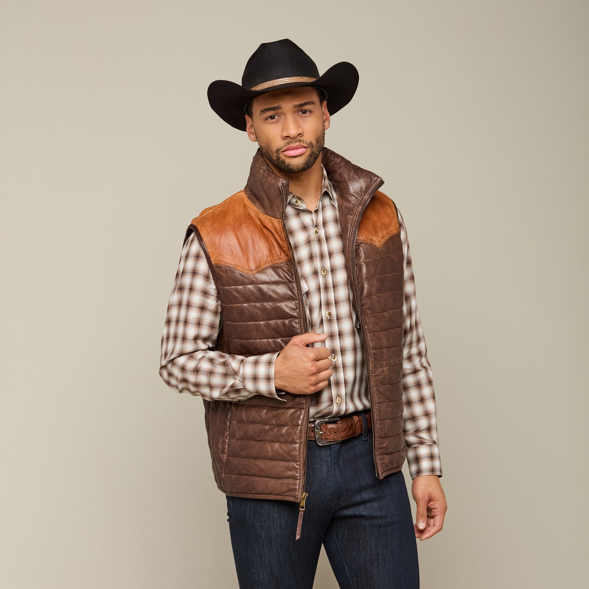 Western Yoke Leather Vest :: Cognac