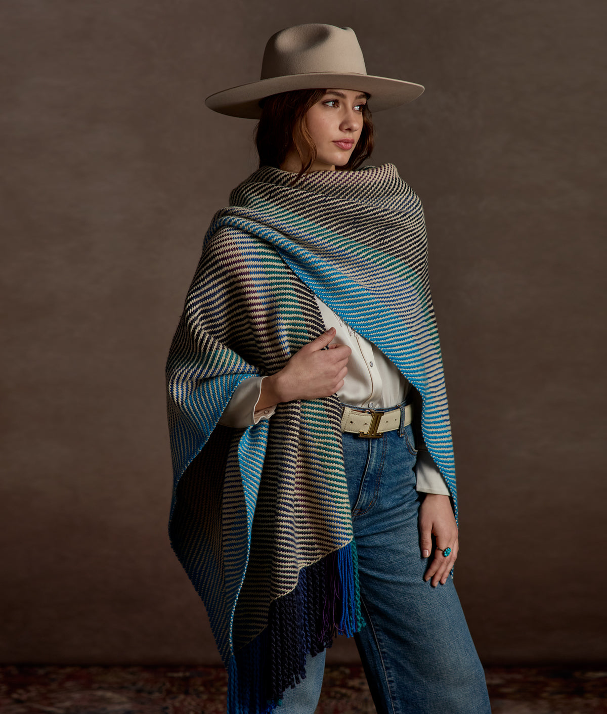 Aline Fringe Cape :: Striped Blue 2