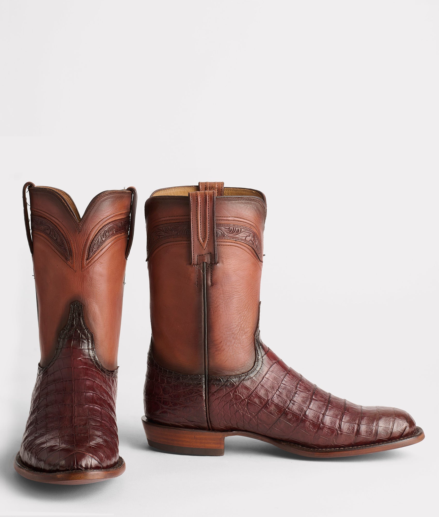 Lucchese Men's Crocodile Roper Boots - Wilson - Sienna + Dark Brown