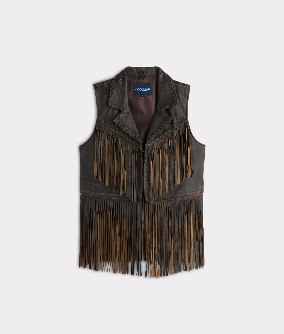 Estelle Distressed Fringe Leather Vest :: Brown 1