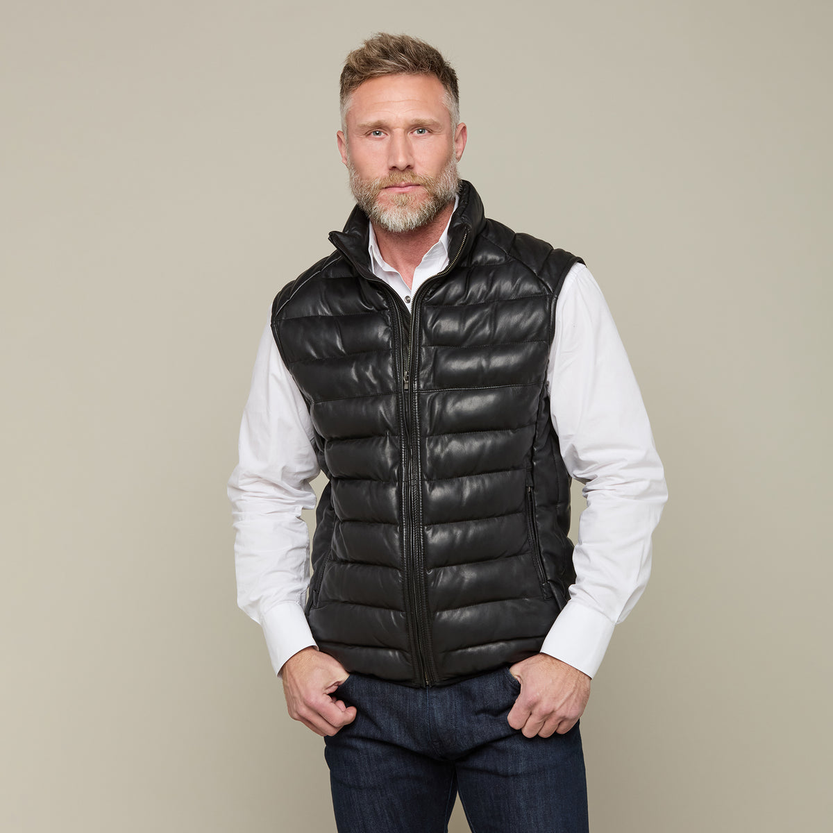 
    Men&#39;s Leather Puffer Vest :: Black