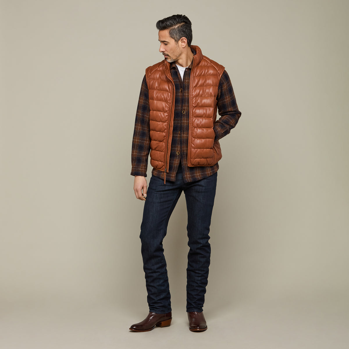 
    Men&#39;s Leather Puffer Vest :: Cognac
