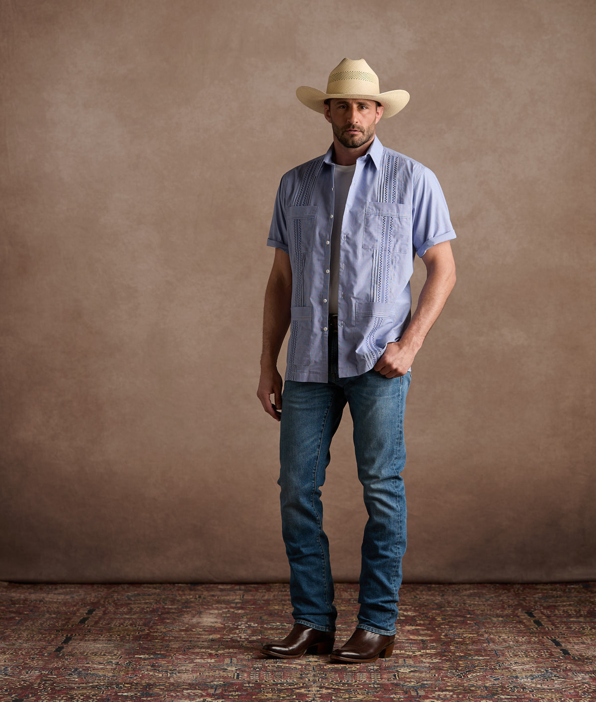 Guayabera Shirt :: Light Blue And White Gingham 2