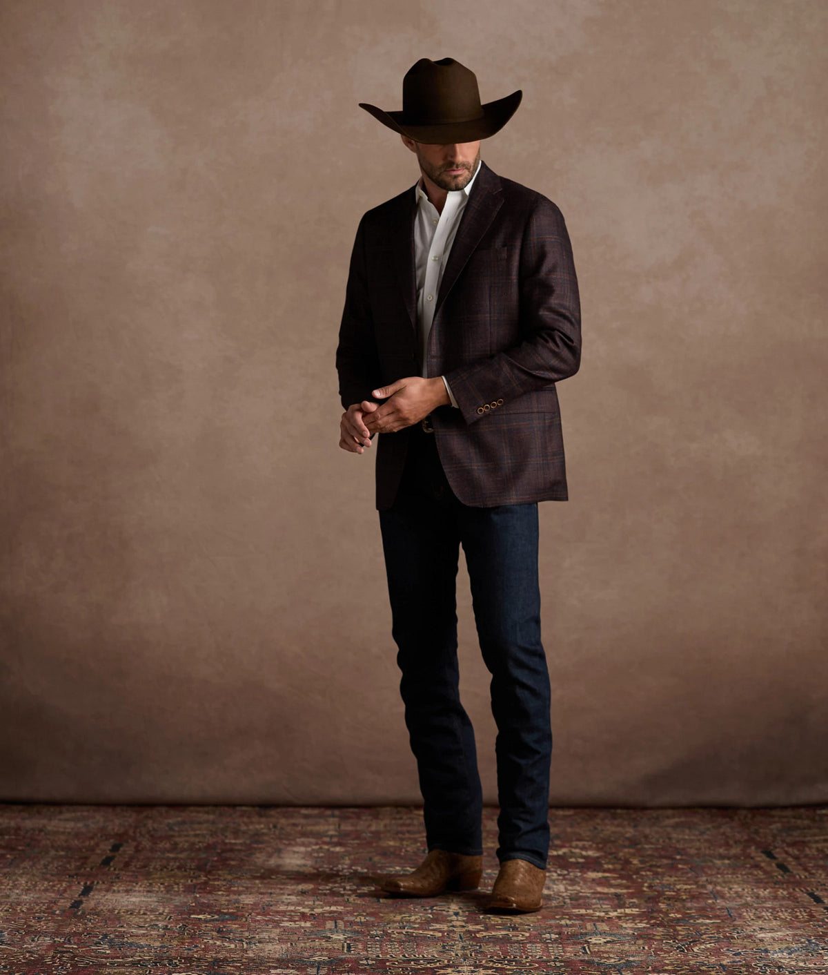 Luke Barnwood + Tan — on-model, blazer looking down (clear ostrich quill) 16