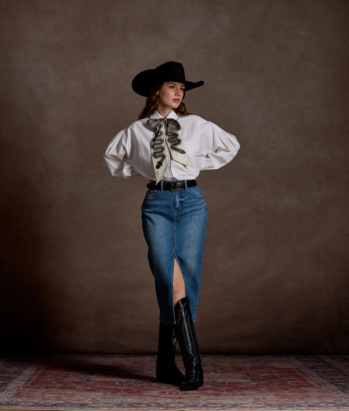 Priscilla Crinkle Patent Black — on-model, denim skirt 15