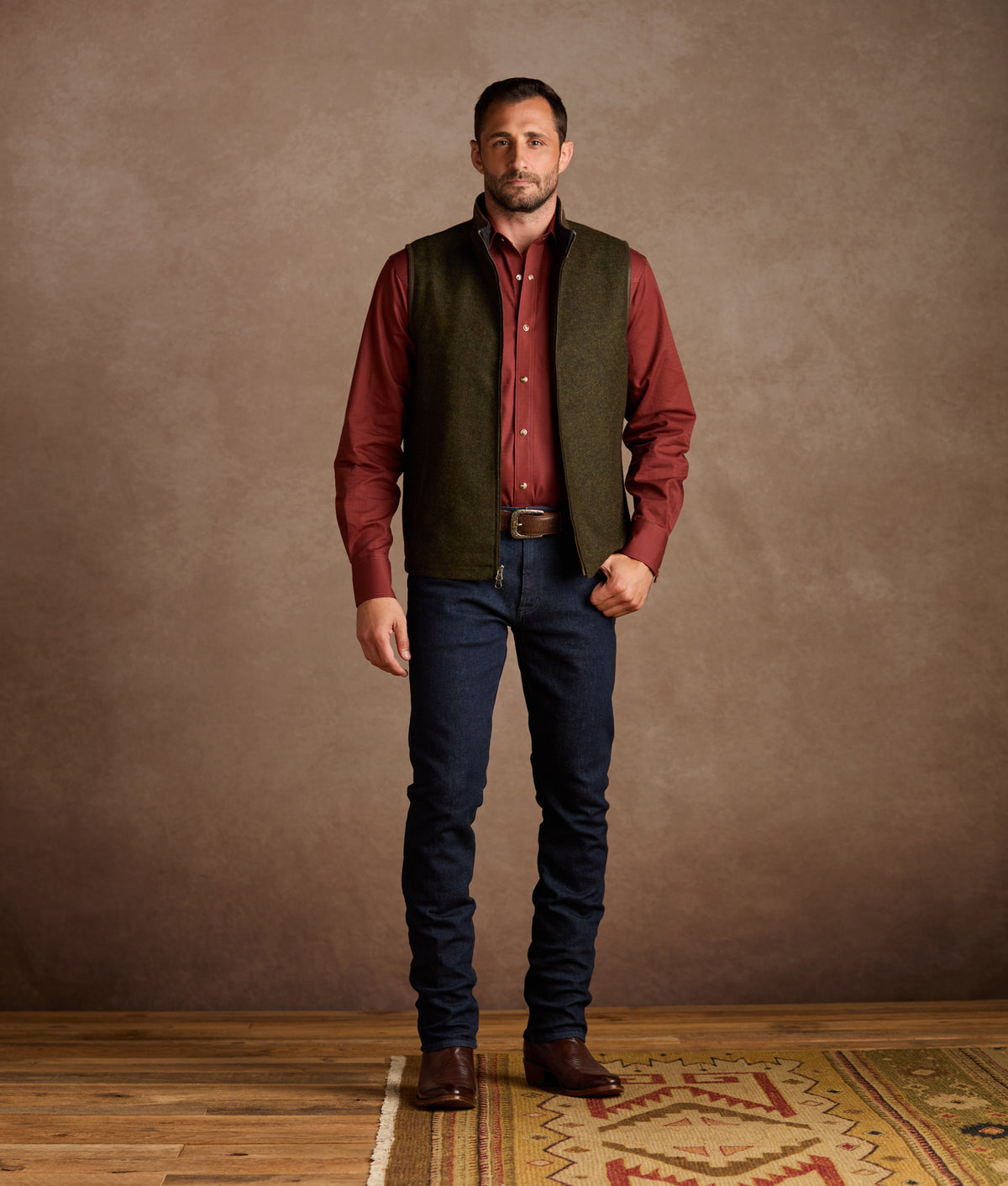 Asheville Wool Vest With Leather Trim :: Forest Green 9