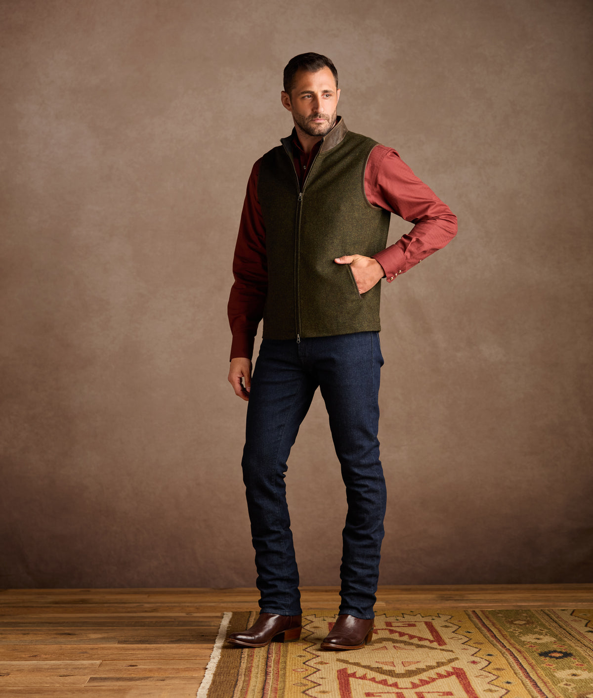 Asheville Wool Vest With Leather Trim :: Forest Green 2