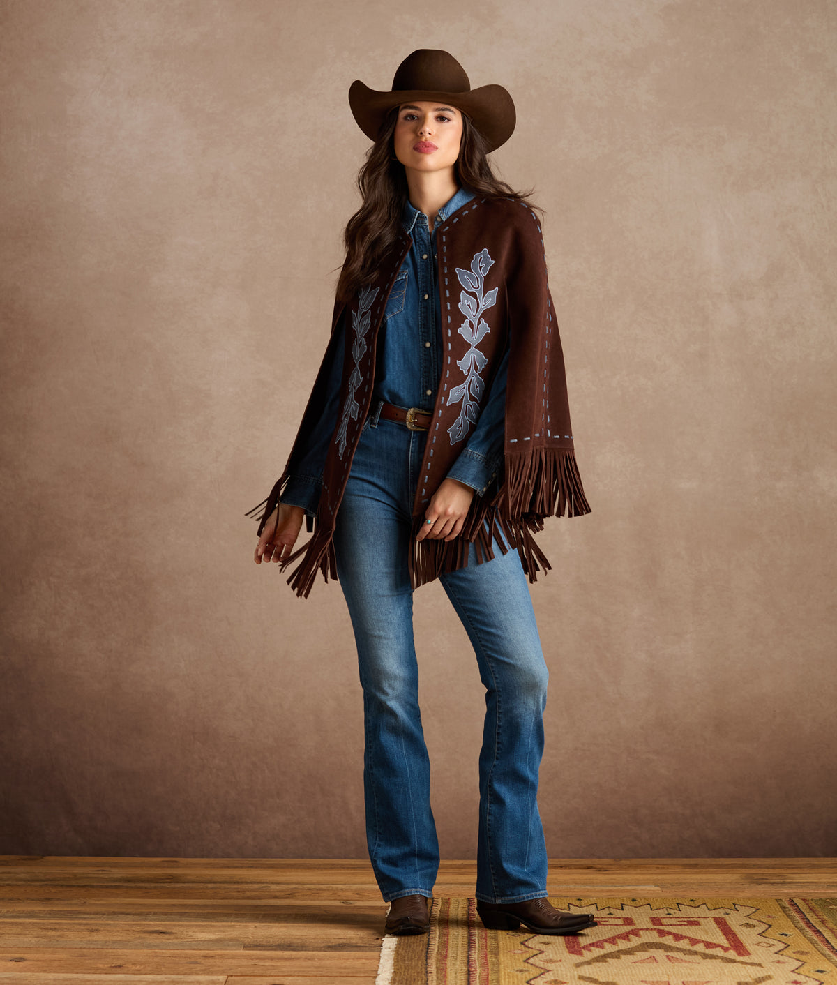 Julianne Suede Cape With Floral Embroidery :: Brown/Blue 2