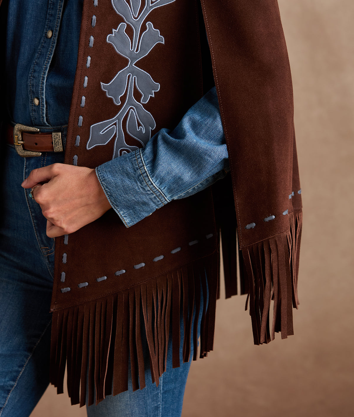 Julianne Suede Cape With Floral Embroidery :: Brown/Blue 5