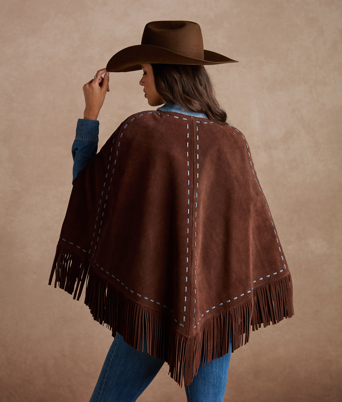 Julianne Suede Cape With Floral Embroidery :: Brown/Blue 12