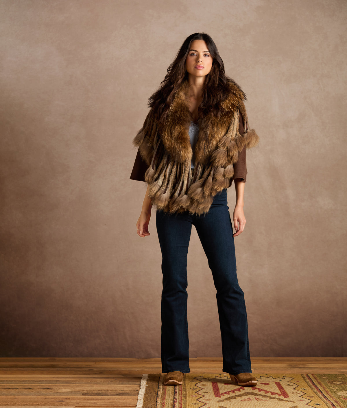 Kimberly Cashmere With Raccoon Fringed Cape :: Natural 2