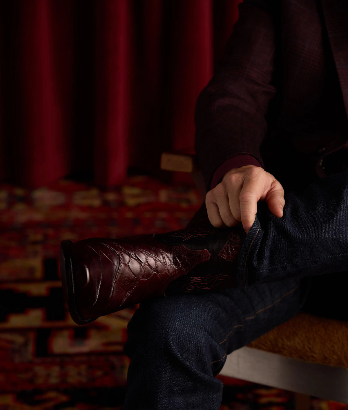Mission Black Cherry — boot close-up, alligator vamp + Mission inlay 11