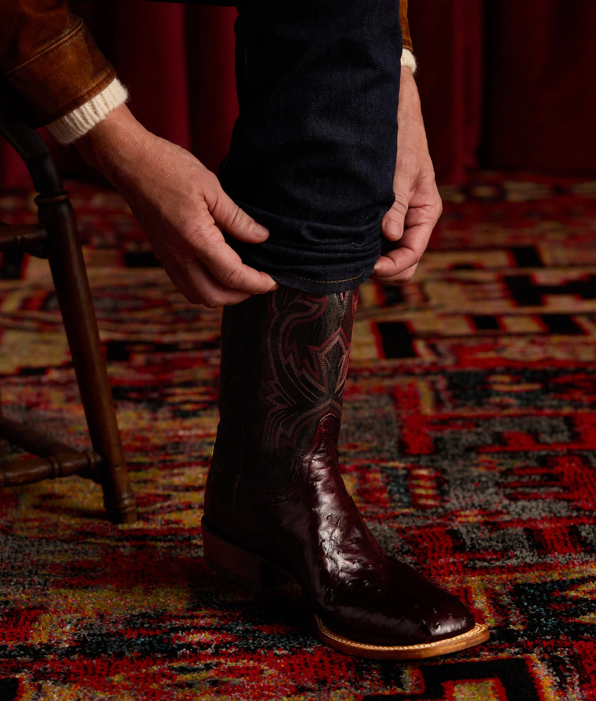 Cliff Black Cherry + Black — boot close-up, ostrich quill vamp 12