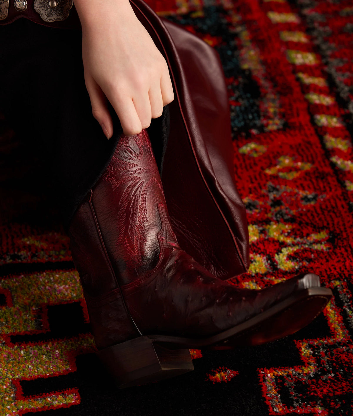 Josephine Black Cherry — boot close-up, BC ostrich quill 11