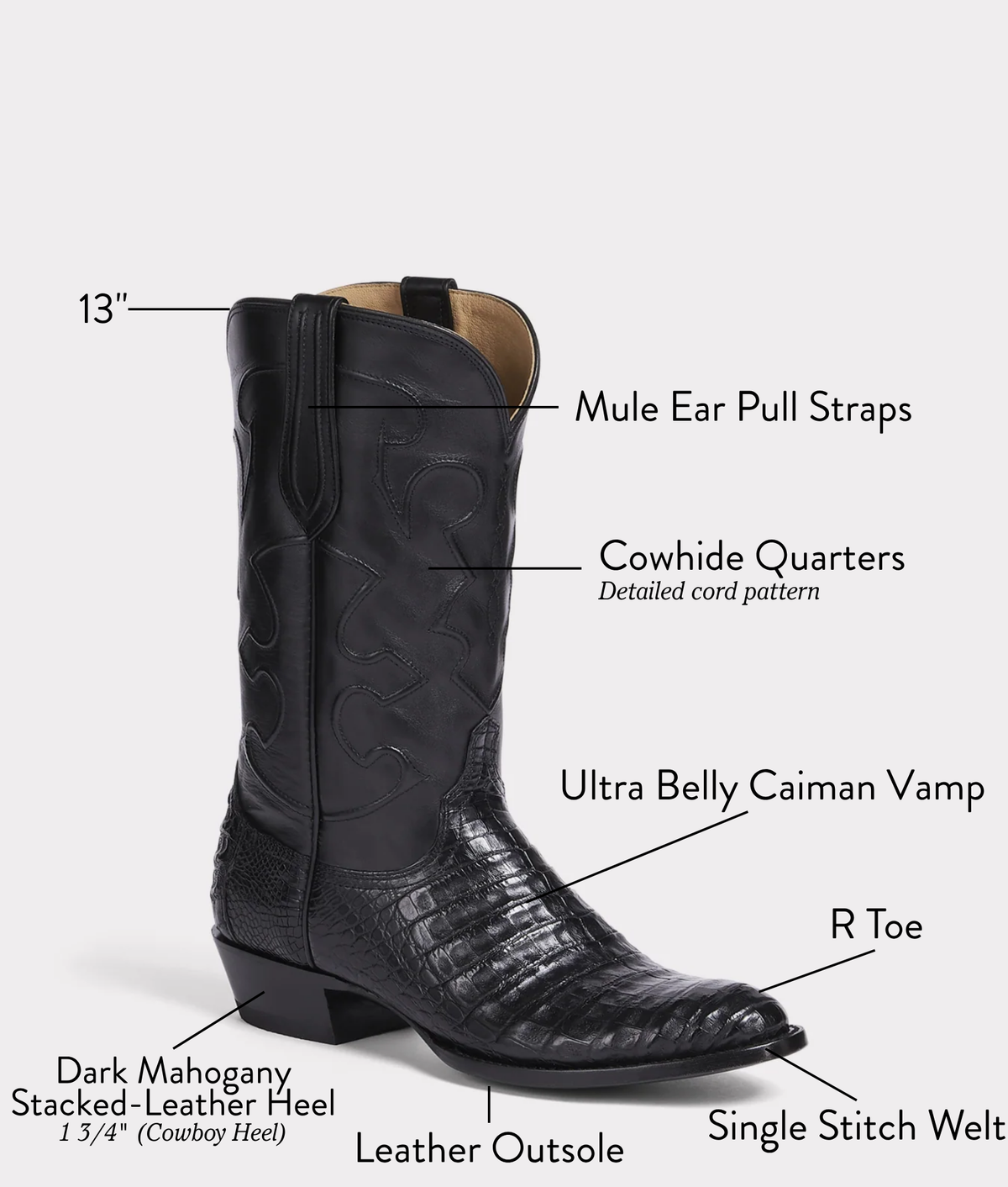 Charles Black boot detail: Ultra Belly Caiman vamp, Cowhide Quarters, Mule Ear Pull Straps, Dark Mahogany stacked-leather cowboy heel 23