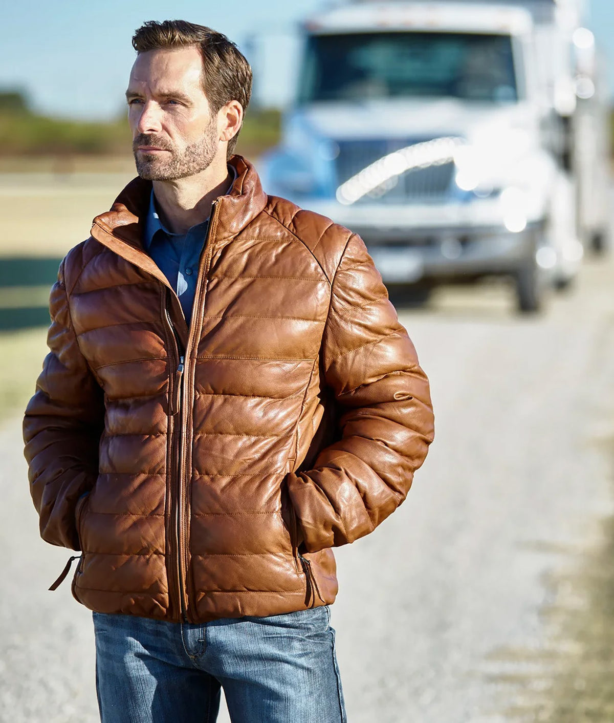 Men's Leather Puffer Jacket :: Cognac 2
