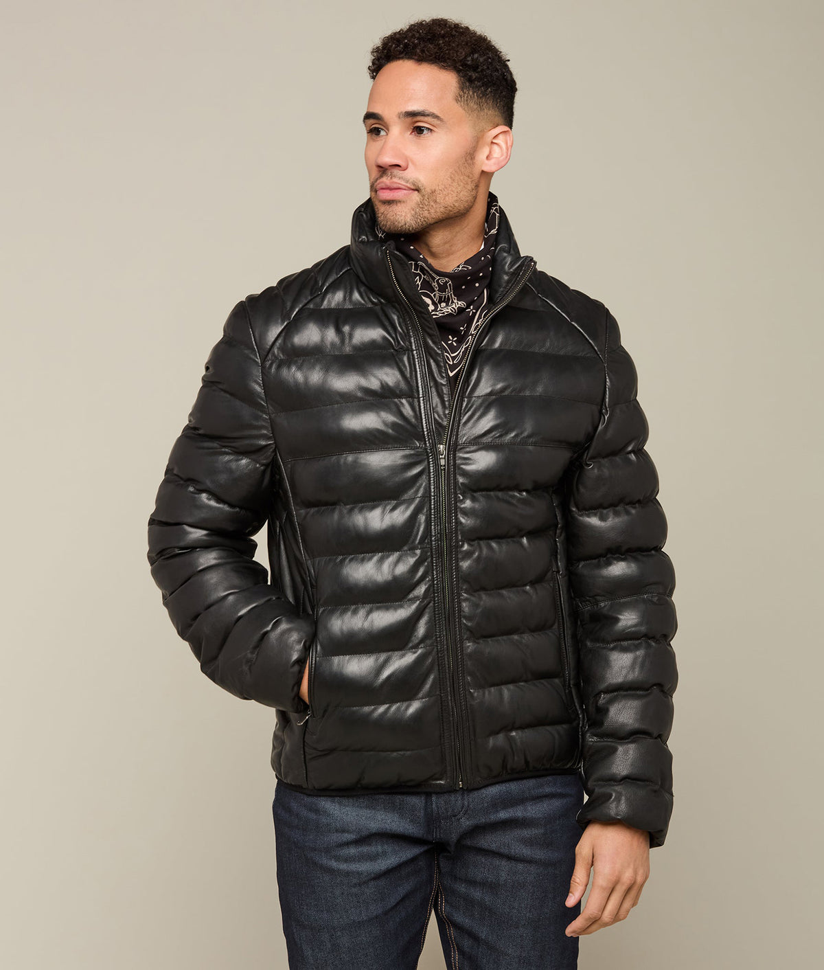 Men's Leather Puffer Jacket :: Black 2