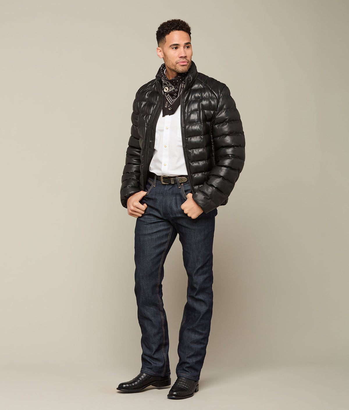 Men's Leather Puffer Jacket :: Black 5