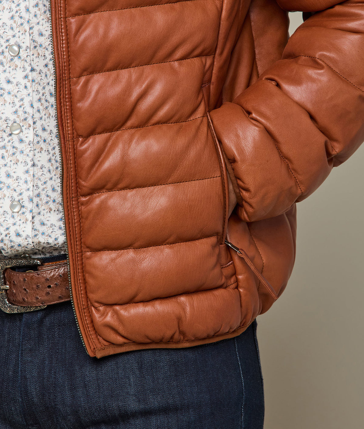 Men's Leather Puffer Jacket :: Cognac 3