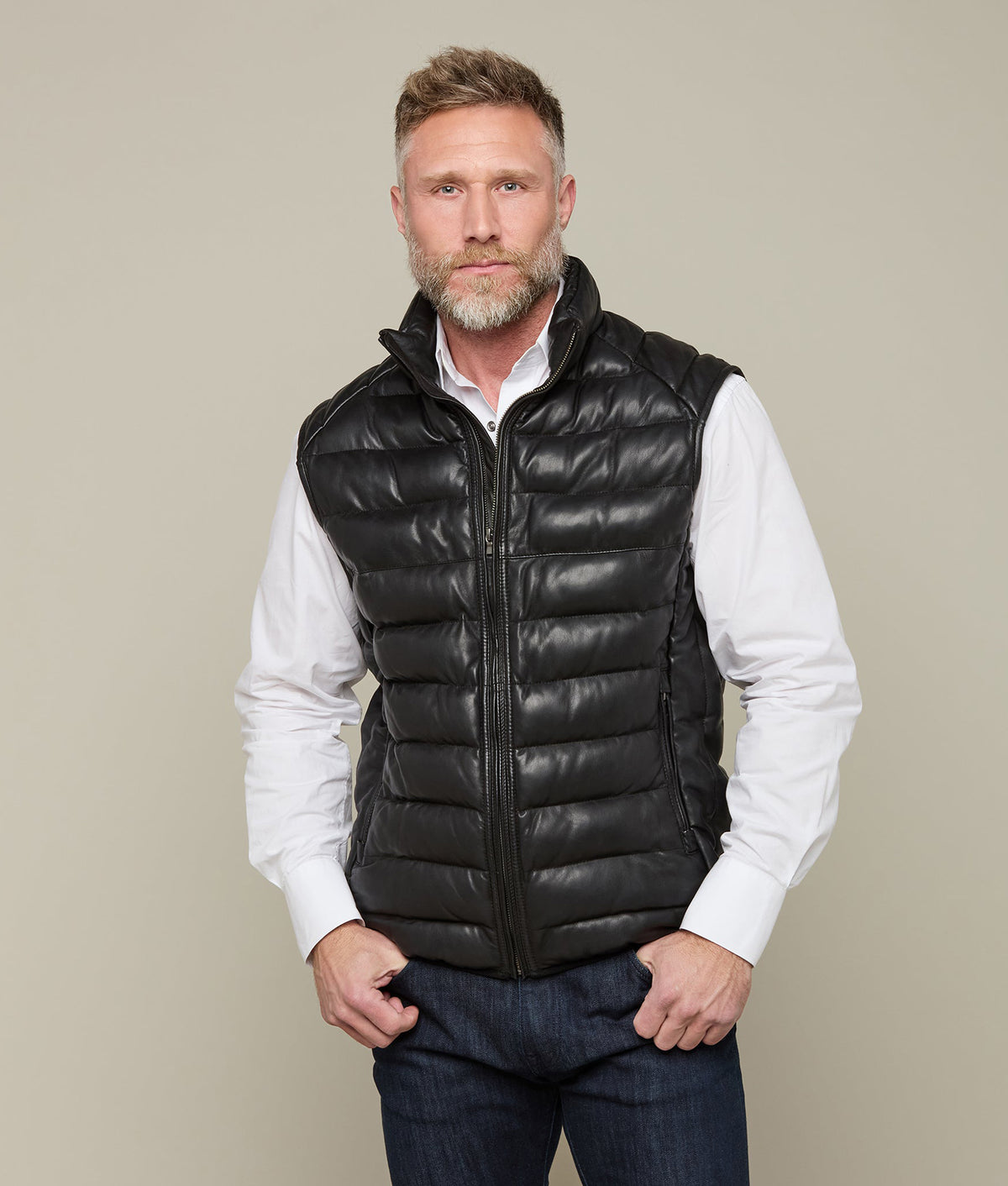 Men's Leather Puffer Vest :: Black 1