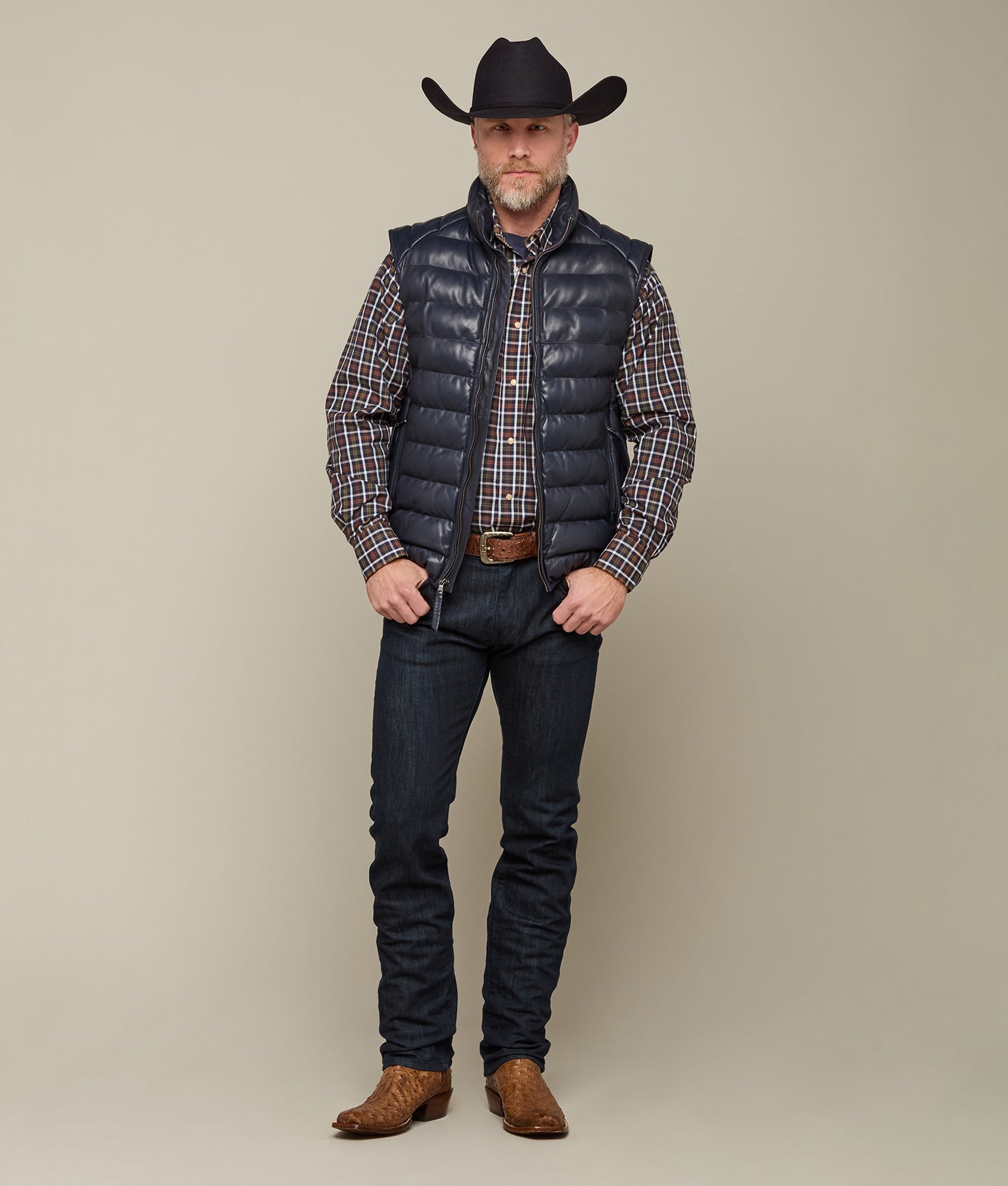 Men's Leather Puffer Vest Navy Lucchese - Main Image