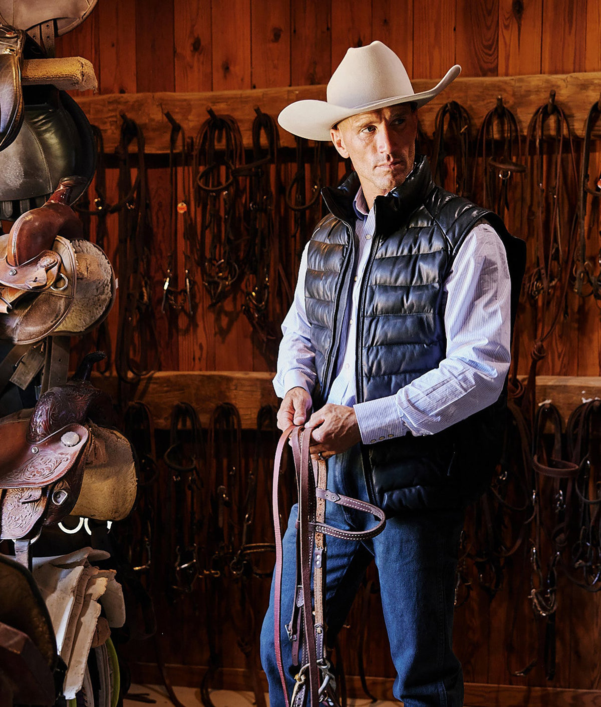 Men's Leather Puffer Vest :: Black 7